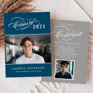 Blue Class of 2026 Calligraphy Photo Graduation Invitation