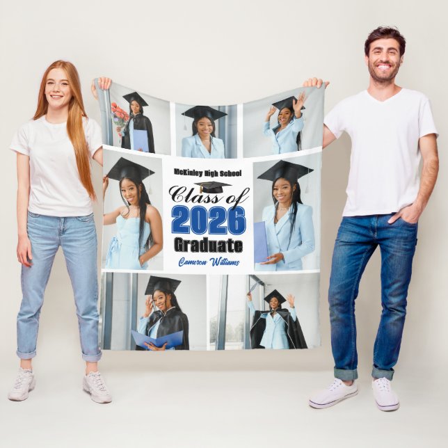 Blue Class of 2026 Graduation Photo Collage Fleece Blanket (In Situ)