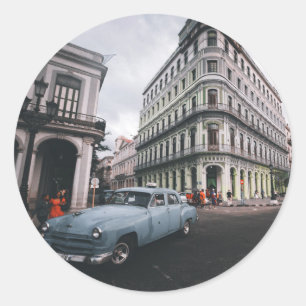 Blue Classic Vintage Car Cityscape   Classic Round Sticker