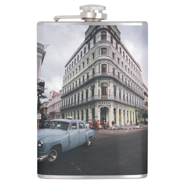 Blue Classic Vintage Car Cityscape          Hip Flask (Front)