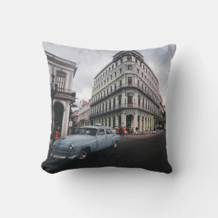 Blue Classic Vintage Car Cityscape              Throw Pillow