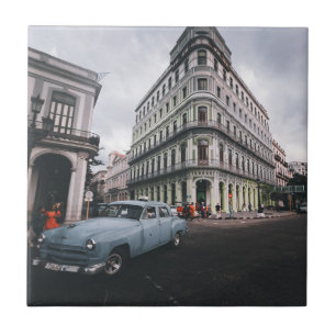 Blue Classic Vintage Car Cityscape      Tile