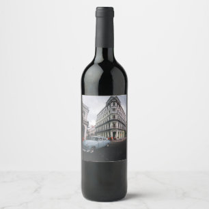 Blue Classic Vintage Car Cityscape          Wine Label