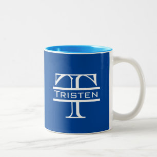 Blue Classic White Monogram Two-Tone Coffee Mug