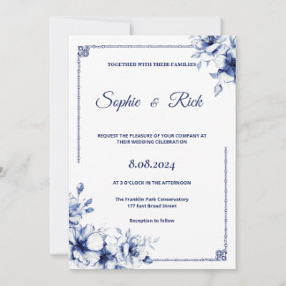 Blue classical floral wedding invitation