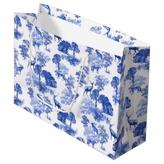 Blue Classical French Country Toile Deer Forest Large Gift Bag (Front Angled)