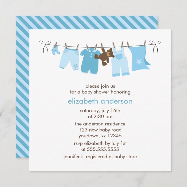 Blue Clothesline Boy Baby Shower Invitation (Front/Back)