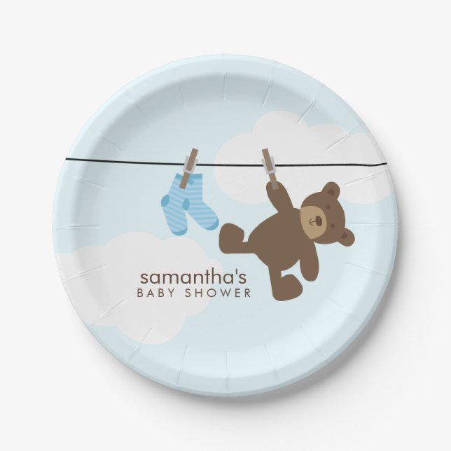 Blue Clothesline Boy Baby Shower Paper Plate (Front)