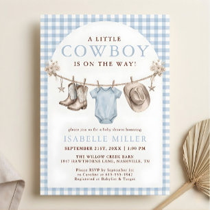 Blue Clothesline Little Cowboy Boy Baby Shower Invitation