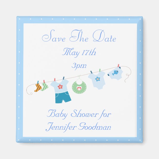 Blue Clothesline Save The Date Baby Shower Magnet (Front)