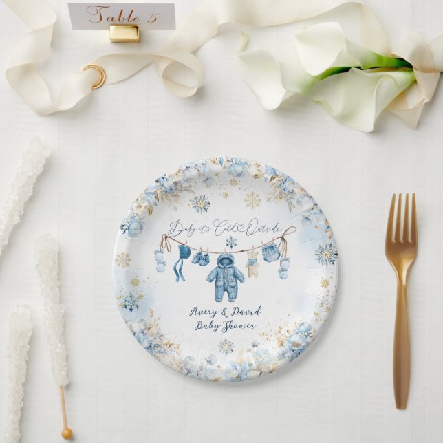 Blue ClothestLine Cold Outside Baby Boy Shower Paper Plate (Wedding)