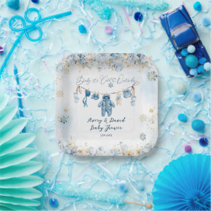 Blue ClothestLine Cold Outside Baby Boy Shower Paper Plate