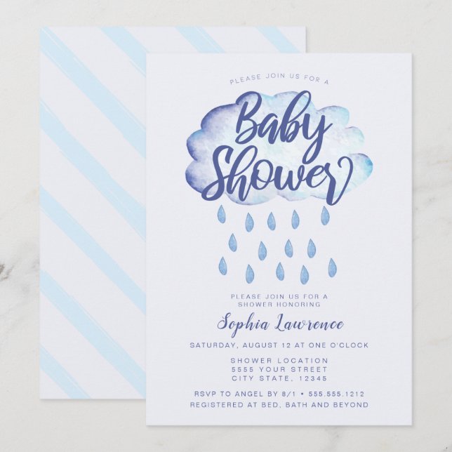 Blue Cloud and Raindrops Baby Shower Invitation (Front/Back)