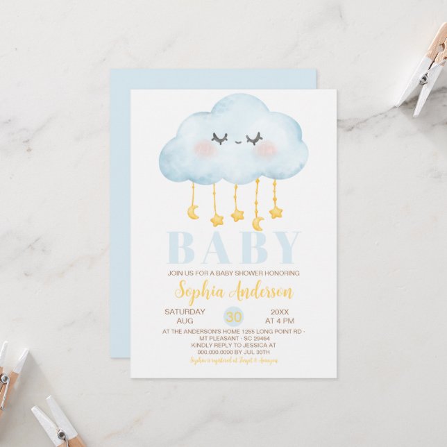 Blue cloud Boy Baby Shower Invitation (Front/Back In Situ)