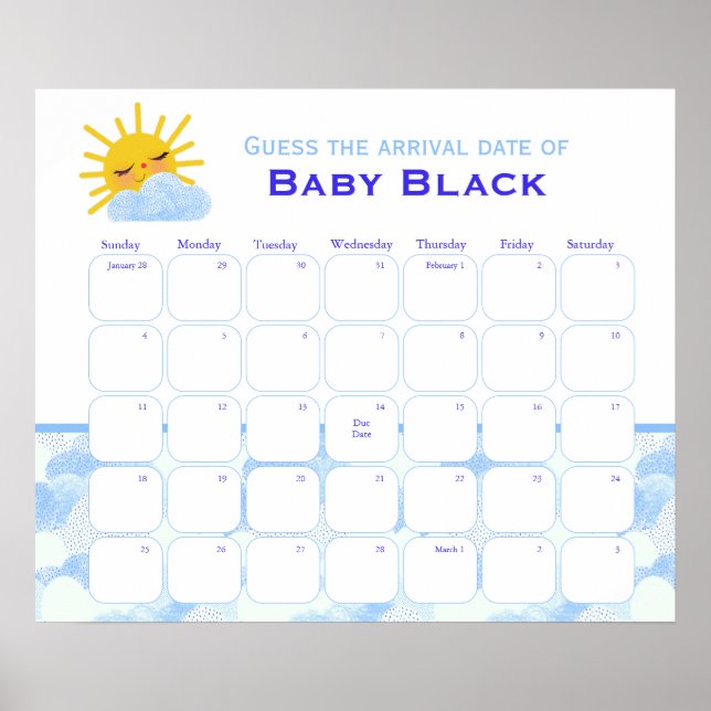 Blue Clouds Baby Shower Guess The Due Date Poster (Front)