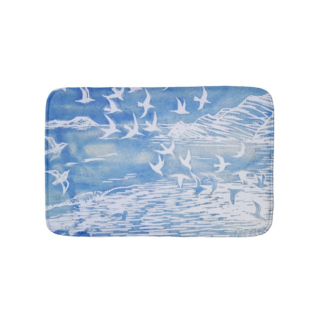 Blue Coast Birds Modern Watercolor Art Bath Mat (Front)