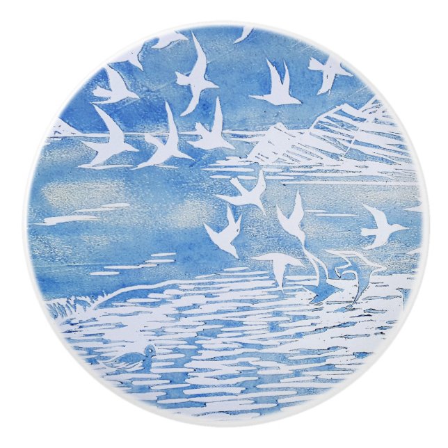 Blue Coast Birds Modern Watercolor Art Ceramic Knob (Front)