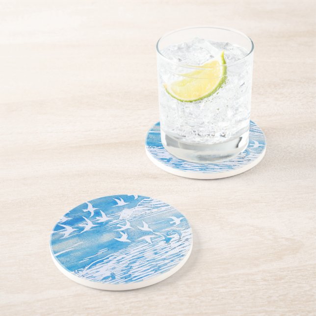 Blue Coast Birds Modern Watercolor Art Coaster (Side)