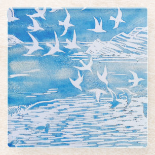 Blue Coast Birds Modern Watercolor Art Glass Coaster