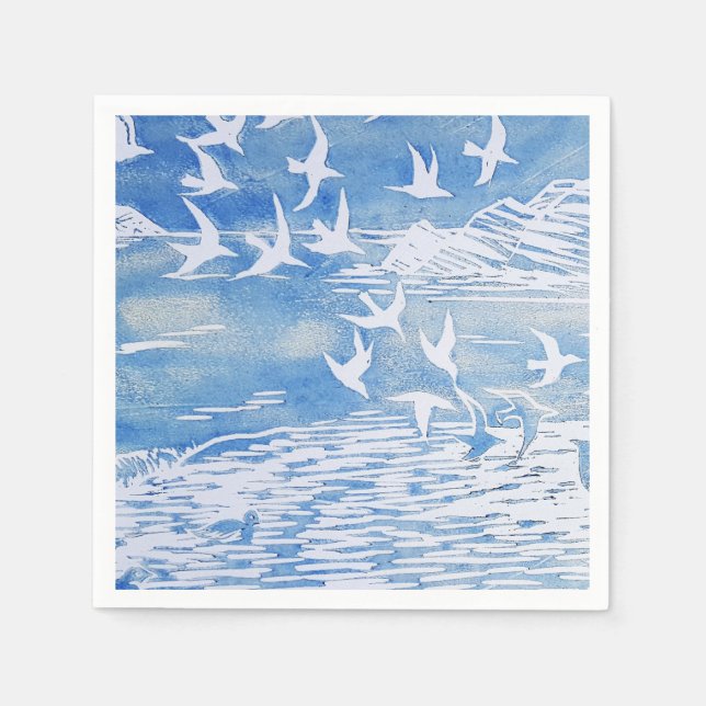 Blue Coast Birds Modern Watercolor Art Napkin (Front)