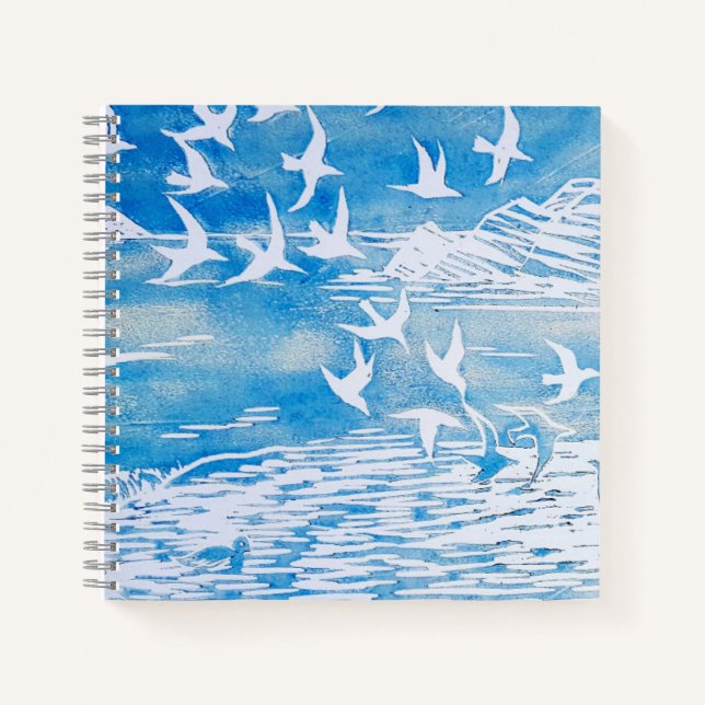 Blue Coast Birds Modern Watercolor Art Notebook (Front)