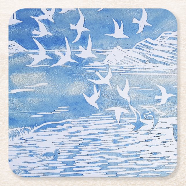 Blue Coast Birds Modern Watercolor Art Square Paper Coaster (Front)