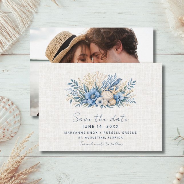 Blue Coastal Beach Wedding Photo Save the Date (Blue Coastal Beach Wedding Photo Save the Date)