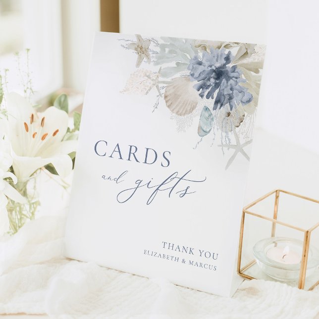 Blue Coastal Cards and Gifts Wedding Table Sign (Coastal wedding cards and gifts sign dusty blue seashell starfish elegant reception table decor)