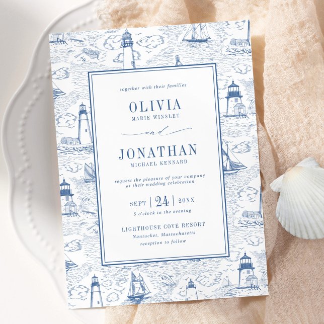 Blue Coastal Chic Lighthouse Toile Wedding Invitation (Creator Uploaded)