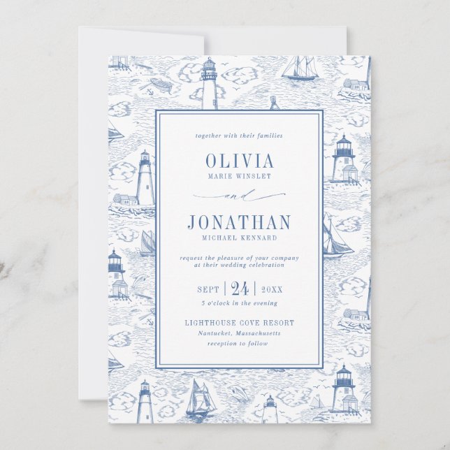 Blue Coastal Chic Lighthouse Toile Wedding Invitation (Front)
