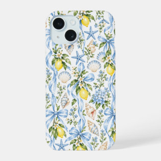 Blue Coastal Coquette Lemon Seashell & Bow Phone iPhone 15 Case