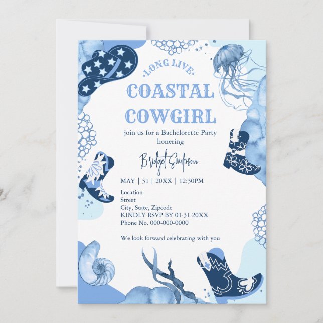 blue coastal cowgirl bachelorette party invitation (Front)
