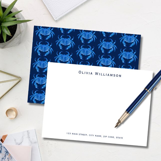 Blue Coastal Crab Beach House inspired Card (Blue coastal crab, crustacean illustrated notecard. Personalize with your name & address details.)