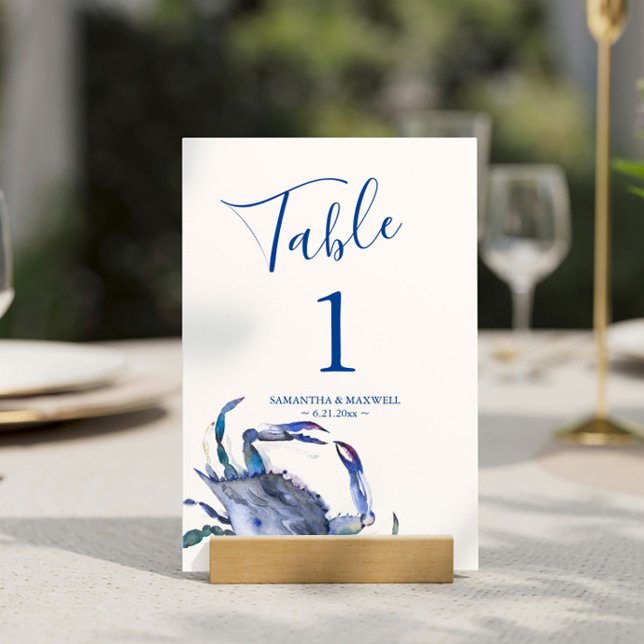 Blue Coastal Crab Wedding Table Number (Table number cards destination beach wedding watercolor blue crab art by Victoria Grigaliunas)