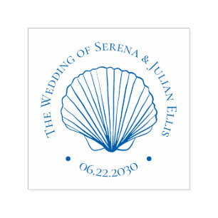 Blue Coastal Elegant Seashell Wedding Monogram Self-inking Stamp