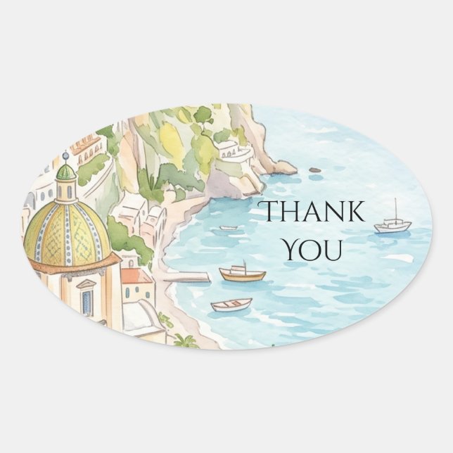 Blue Coastal Floral Thank You Oval Sticker (Front)