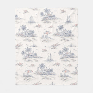 Blue Coastal French Toile Fleece Blanket