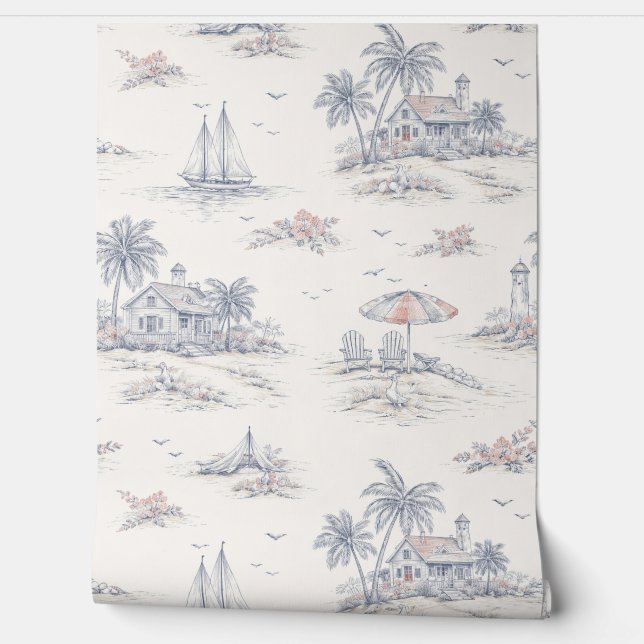 Blue Coastal French Toile Wallpaper (Unrolling)