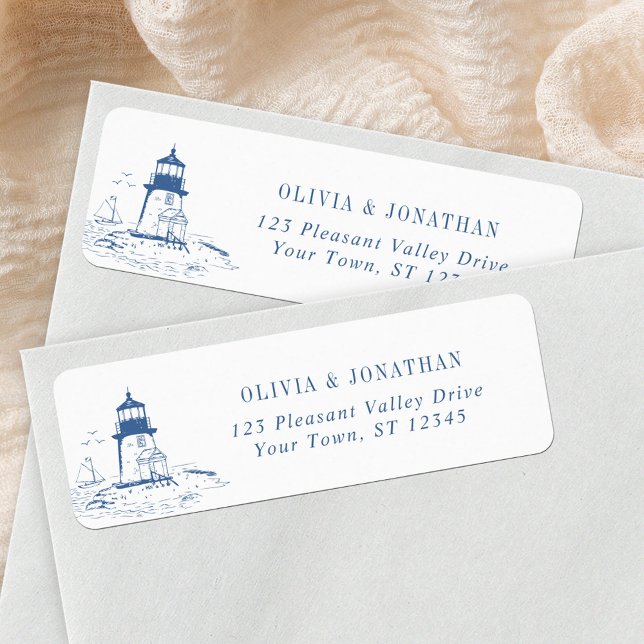 Blue Coastal Lighthouse Wedding Return Address (Créateur téléchargé)