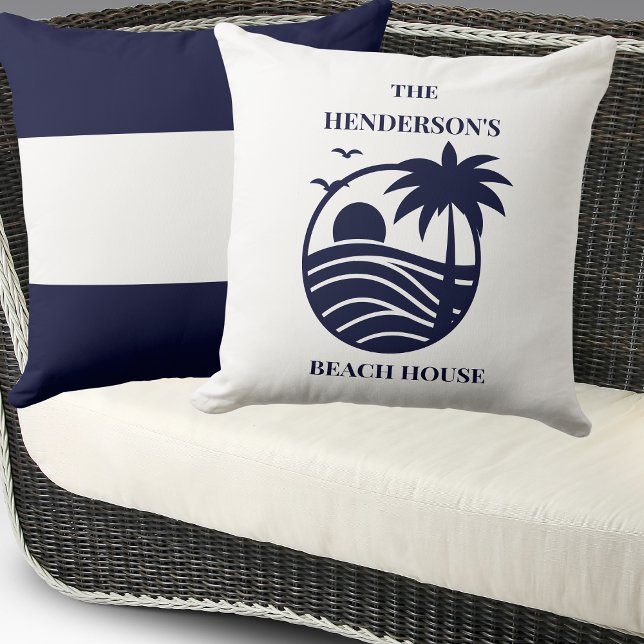 Blue Coastal Palm Tree Family Name Beach House Throw Pillow (Creator Uploaded)