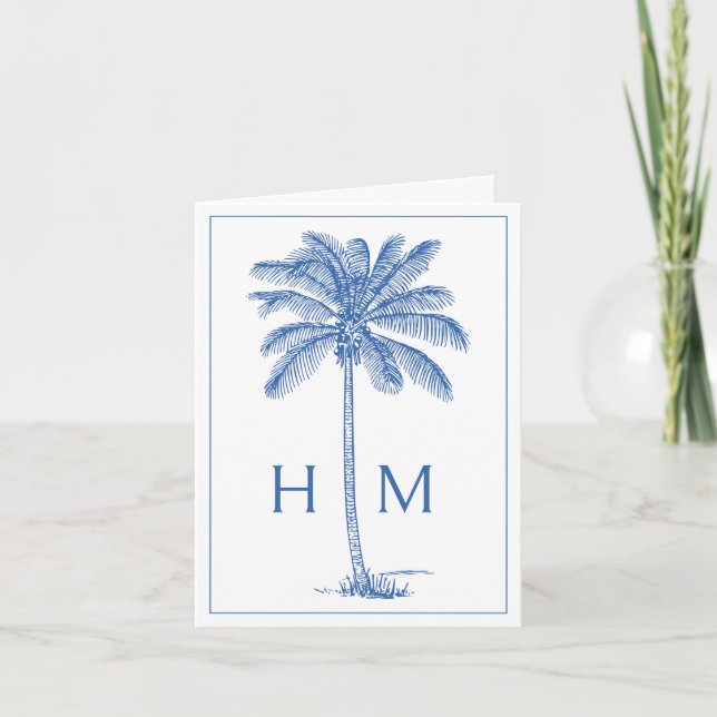 Blue Coastal Palmetto Palm Monogram Note Card (Front)