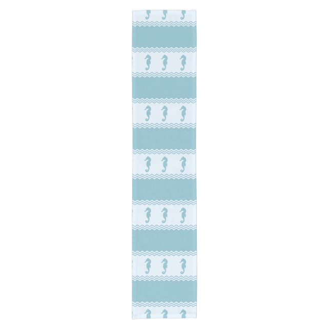 Blue Coastal Seahorses Stripes Short Table Runner (Front)