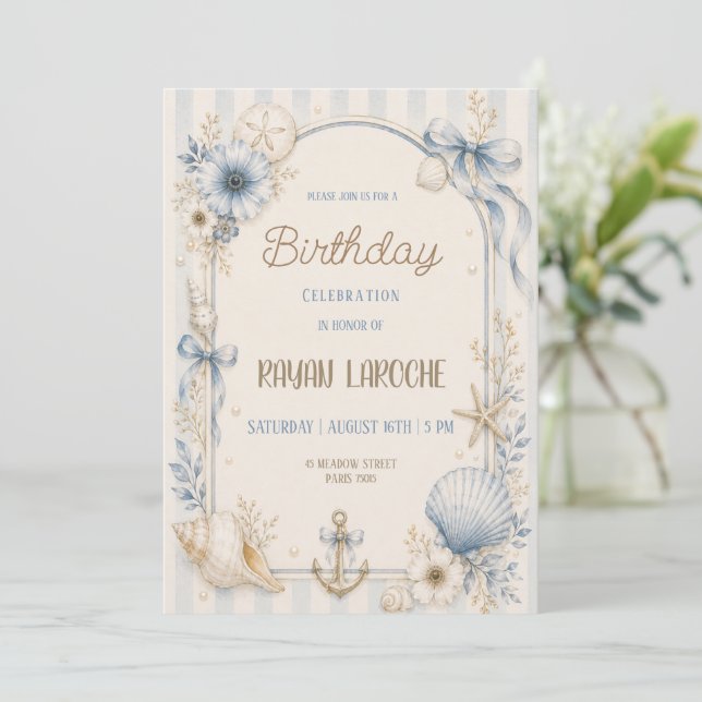 Blue Coastal Seashell Birthday Party Invitation (Standing Front)