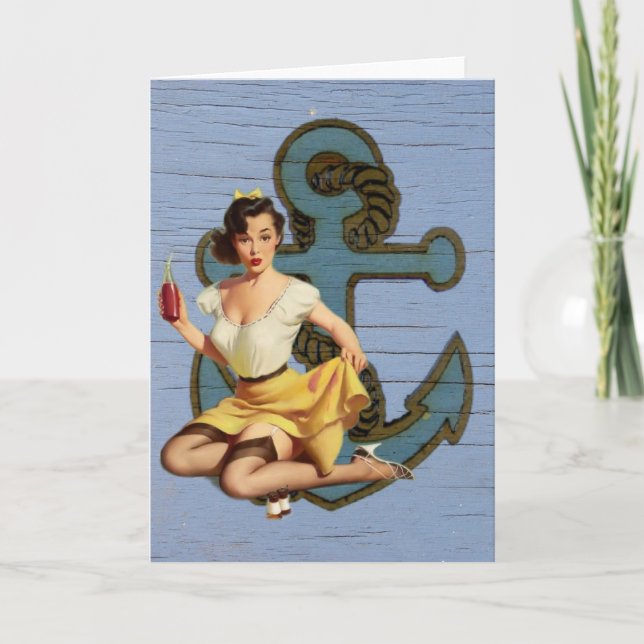 blue coastal ship and anchor pool party girl card (Front)