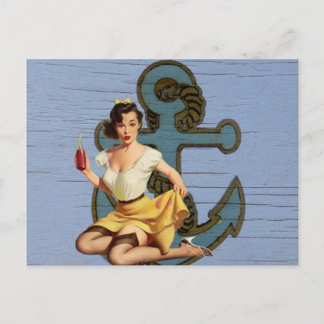 blue coastal ship and anchor pool party girl postcard (Front)