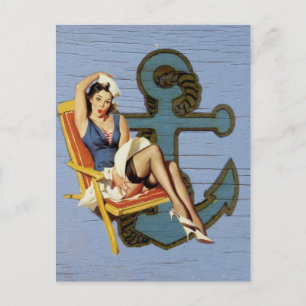 blue coastal ship and anchor pool party girl postcard