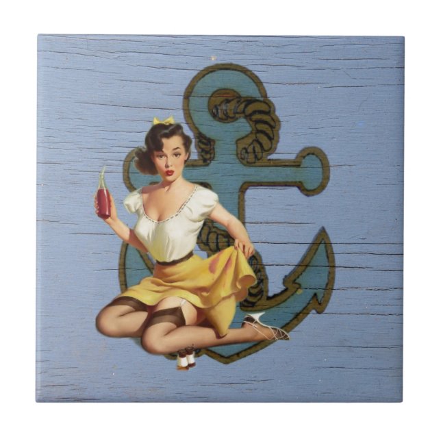 blue coastal ship and anchor pool party girl tile (Front)