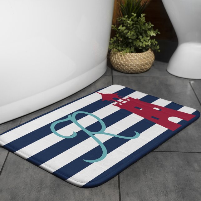 Blue Coastal Stripes Red Lighthouse Monogram Bath Mat (Creator Uploaded)