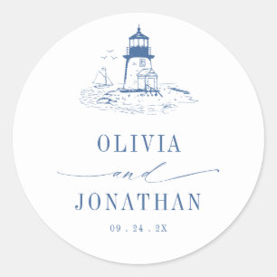 Blue Coastal Toile Lighthouse Wedding Classic Round Sticker