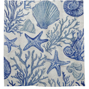 Blue Coastal Toile Seashell Coral Pattern